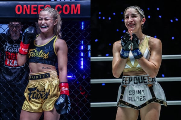 Split image of Muay Thai stars Stamp Fairtex and Selina Flores