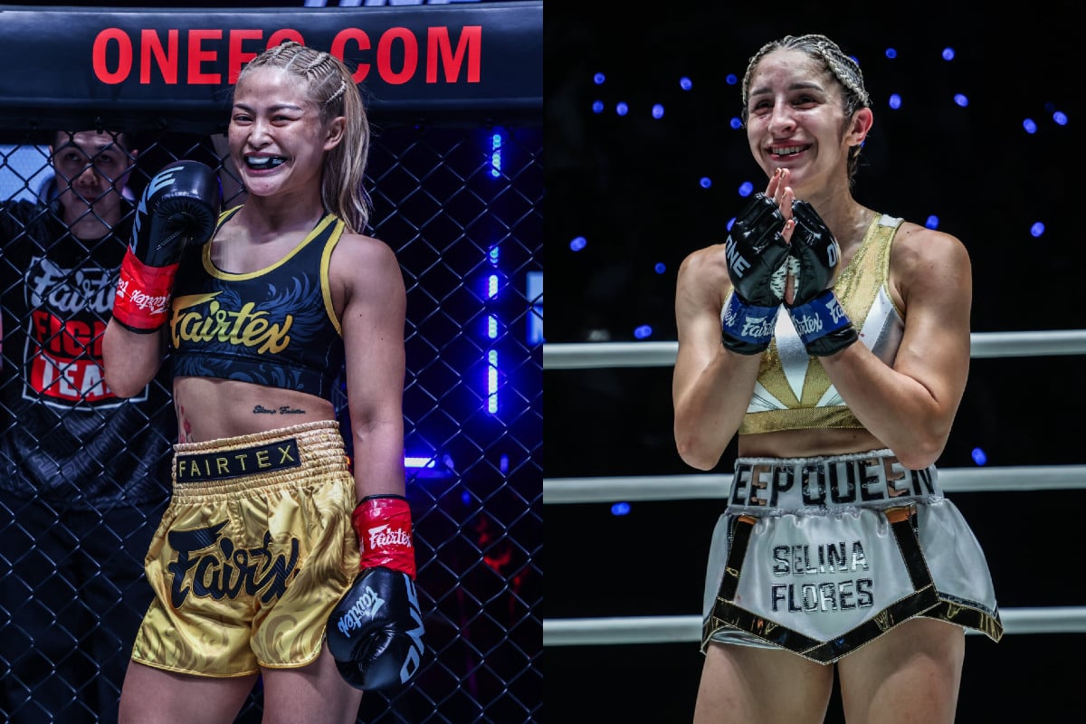 Split image of Muay Thai stars Stamp Fairtex and Selina Flores