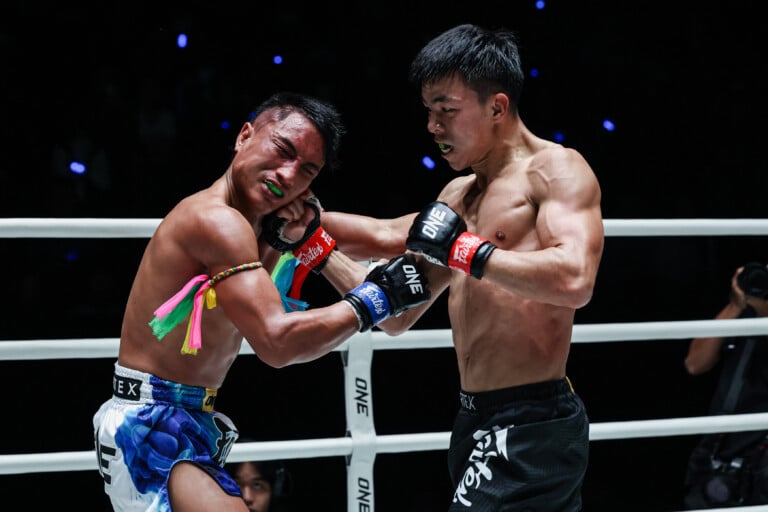 Dedduanglek Torfunfarm slams a right that sleeps Mongkoldetlek Por Pim at ONE Friday Fights 174.
