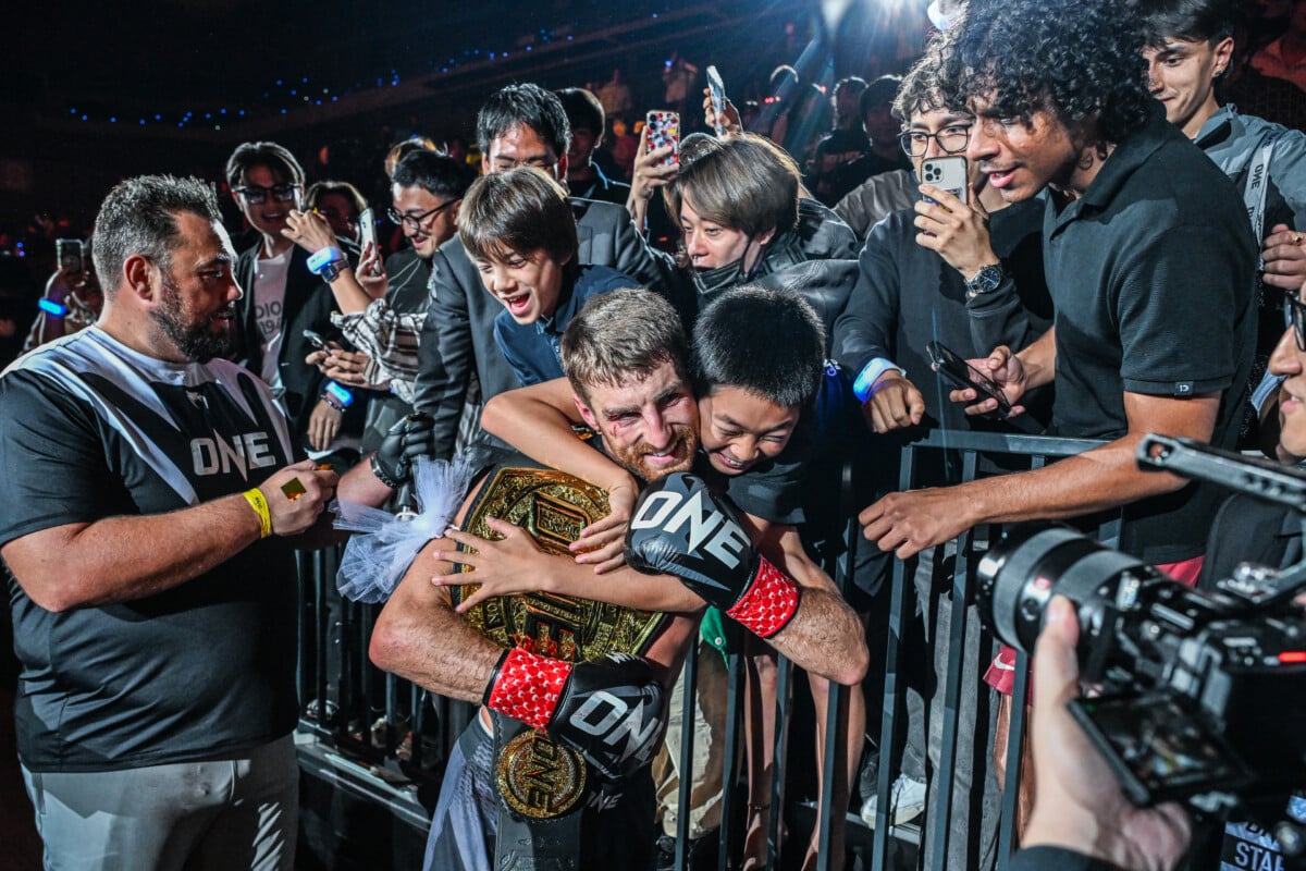 Jonathan Haggerty celebrates his World Title win over Hiroki Akimoto with the fans at ONE SAMURAI 4.