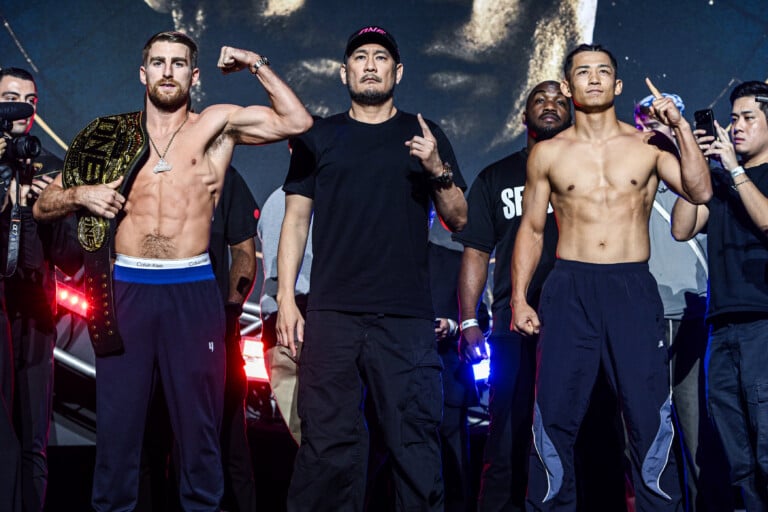 Jonathan Haggerty and Hiroki Akimoto at the ONE SAMURAI 4 Ceremonial Weigh-Ins & Faceoffs