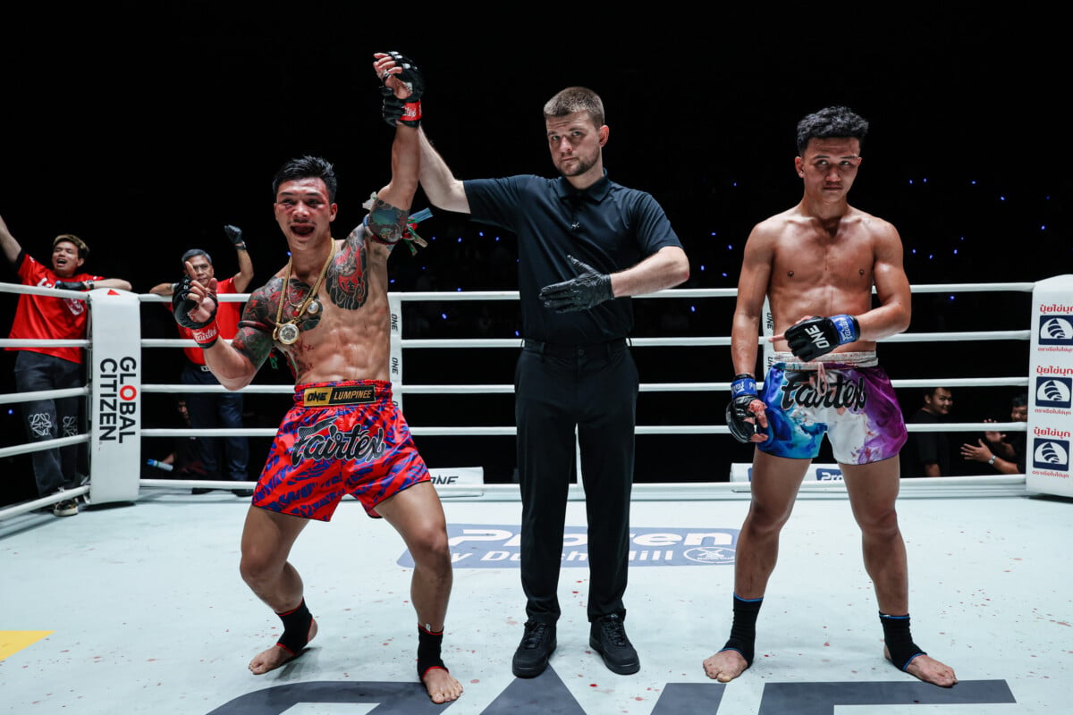 Khundet PK Saenchai gets his hand raised against Kiwthong TKD Muaythai at ONE Friday Fights 174.