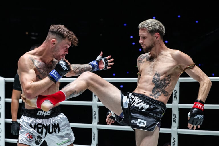 Luke Lessei lands a body kick on Charlie Guest at ONE Fight Night 48