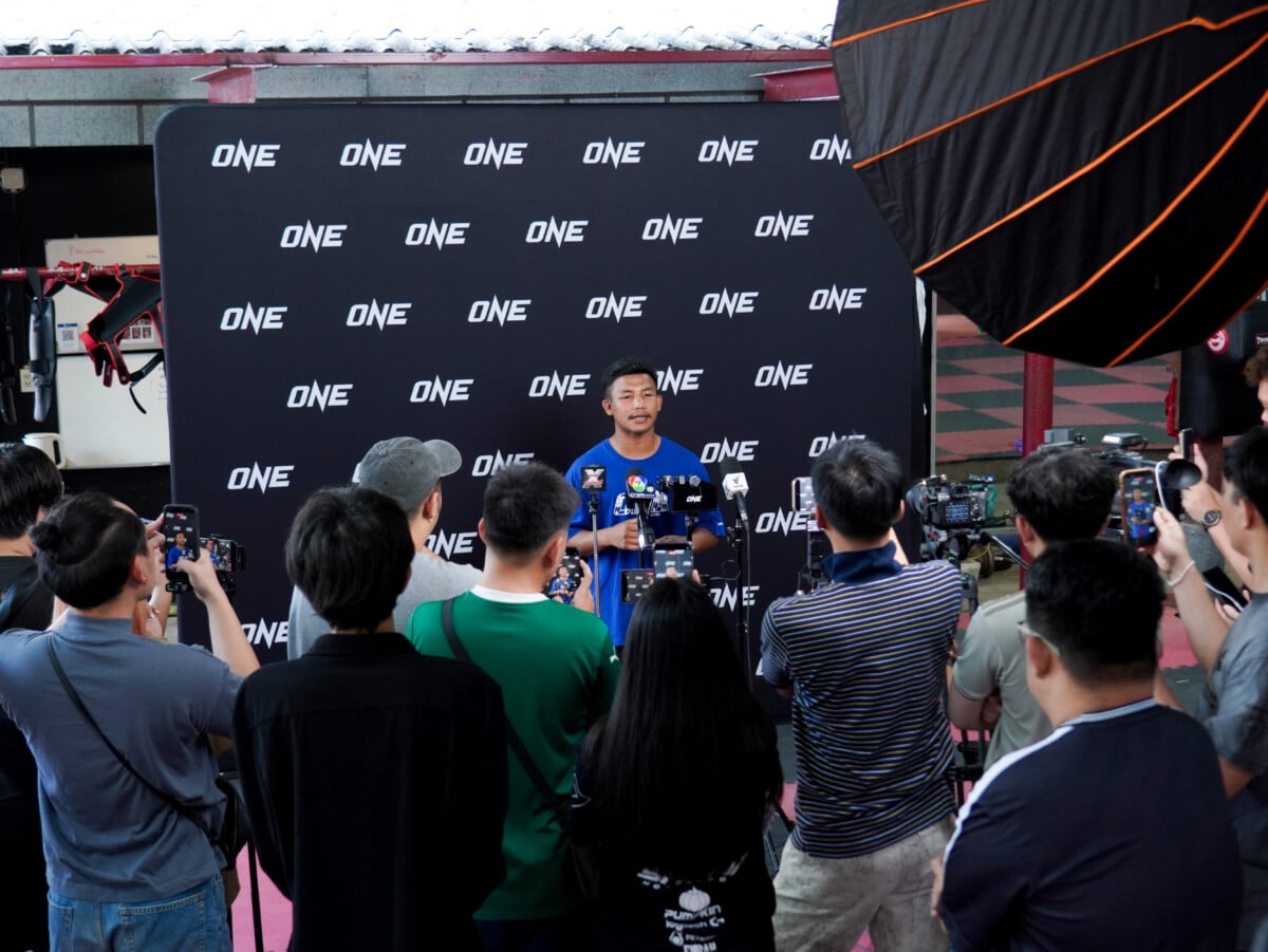 Rodtang speaks to the media during an open workout.