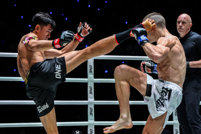 Payakrut goes high with a kick against Andrii Mezentsev at ONE Friday Fights 173.