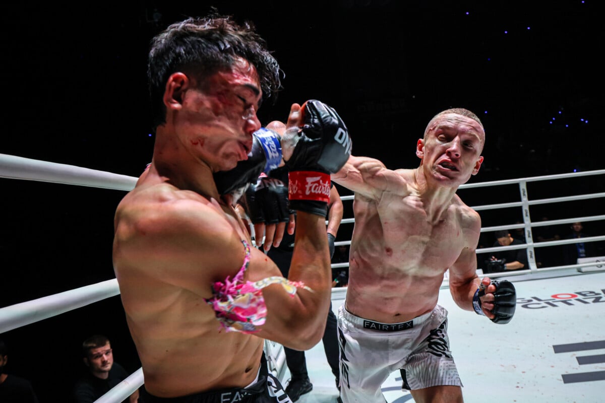 Payakrut absorbs a solid right hand from Andrii Mezentsev at ONE Friday Fights 173.