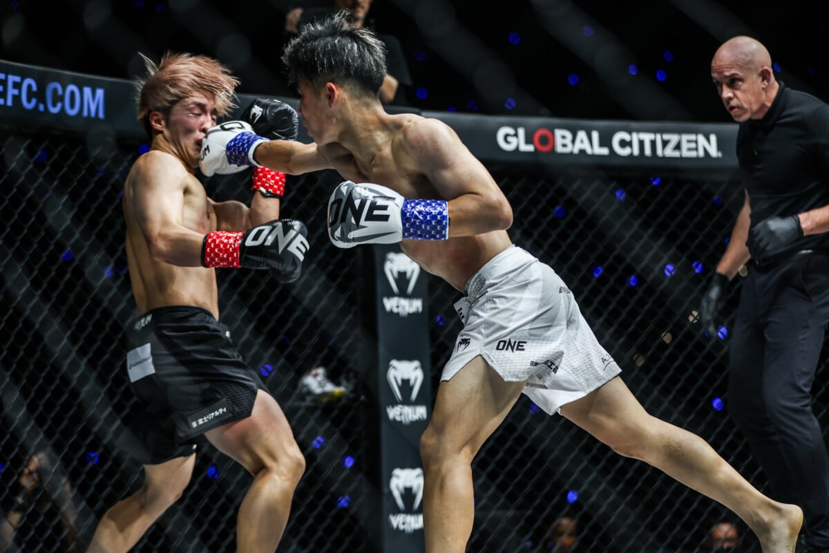 Shoma Okumura connects with a right hand on Toki Tamaru at ONE SAMURAI 4.