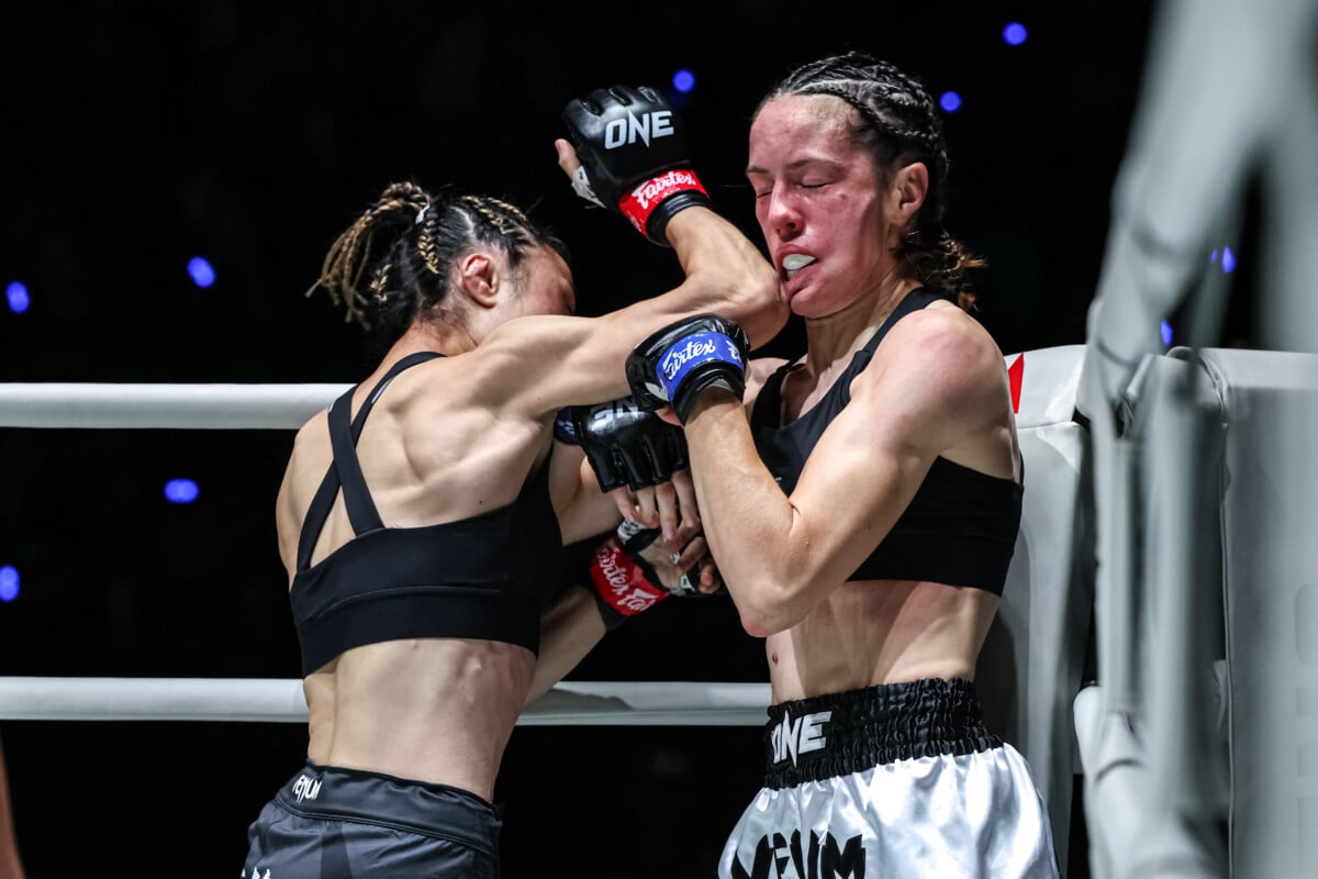 Yu Yau Pui fires a crushing elbow on Marie McManamon at ONE Fight Night 48