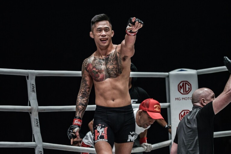 Martin Nguyen celebrates his TKO victory at ONE: DAWN OF HEROES.