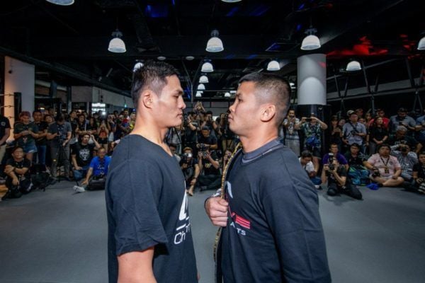 ONE Bantamweight World Champion Nong-O Gaiyanghadao stares down Saemapetch Fairtex ahead of their bout in Singapore