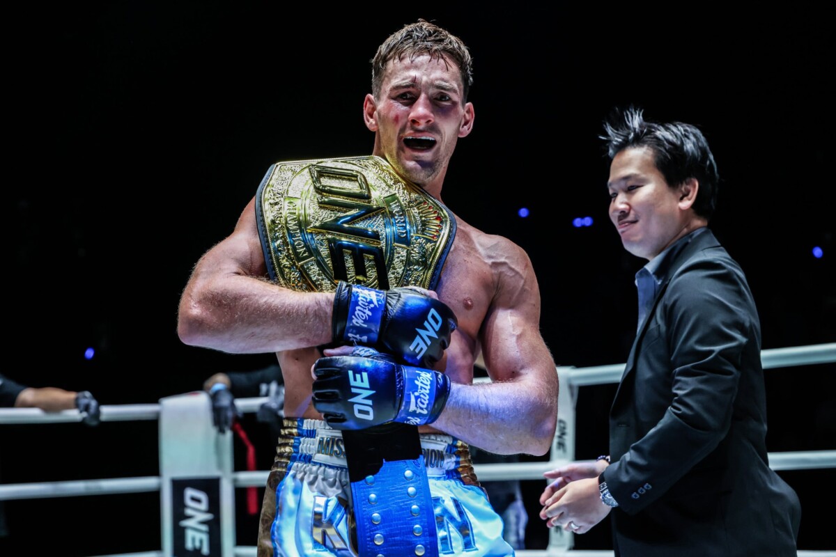 Nico Carrillo celebrates his World Title win over Shadow Mavinn at ONE Fight Night 40.