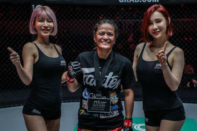 Gina Iniong celebrates her win against Asha Roka at ONE FIRE & FURY