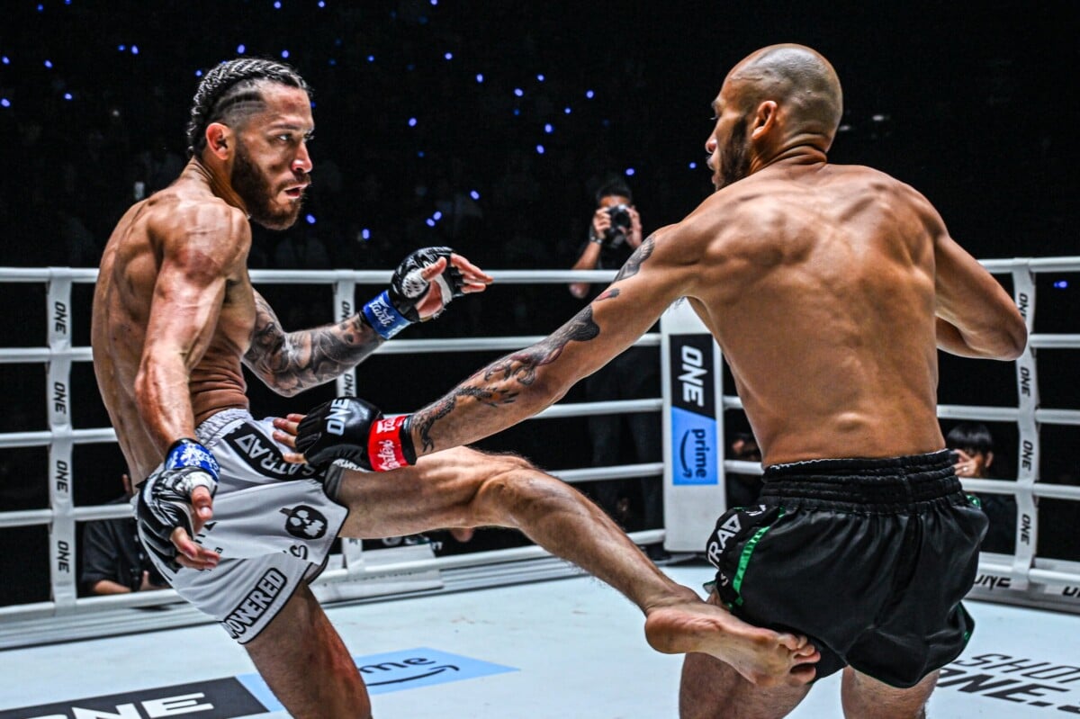 Sean Climaco and Diego Paez trading shots at ONE Fight Night 28.