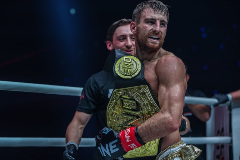 Jonathan Haggerty celebrates his World Title win over Yuki Yoza at ONE SAMURAI 1.