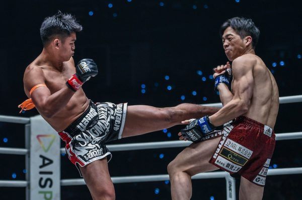Sangmanee Sathian MuayThai lands his left kick on Kenta Yamada at ONE A NEW TOMORROW