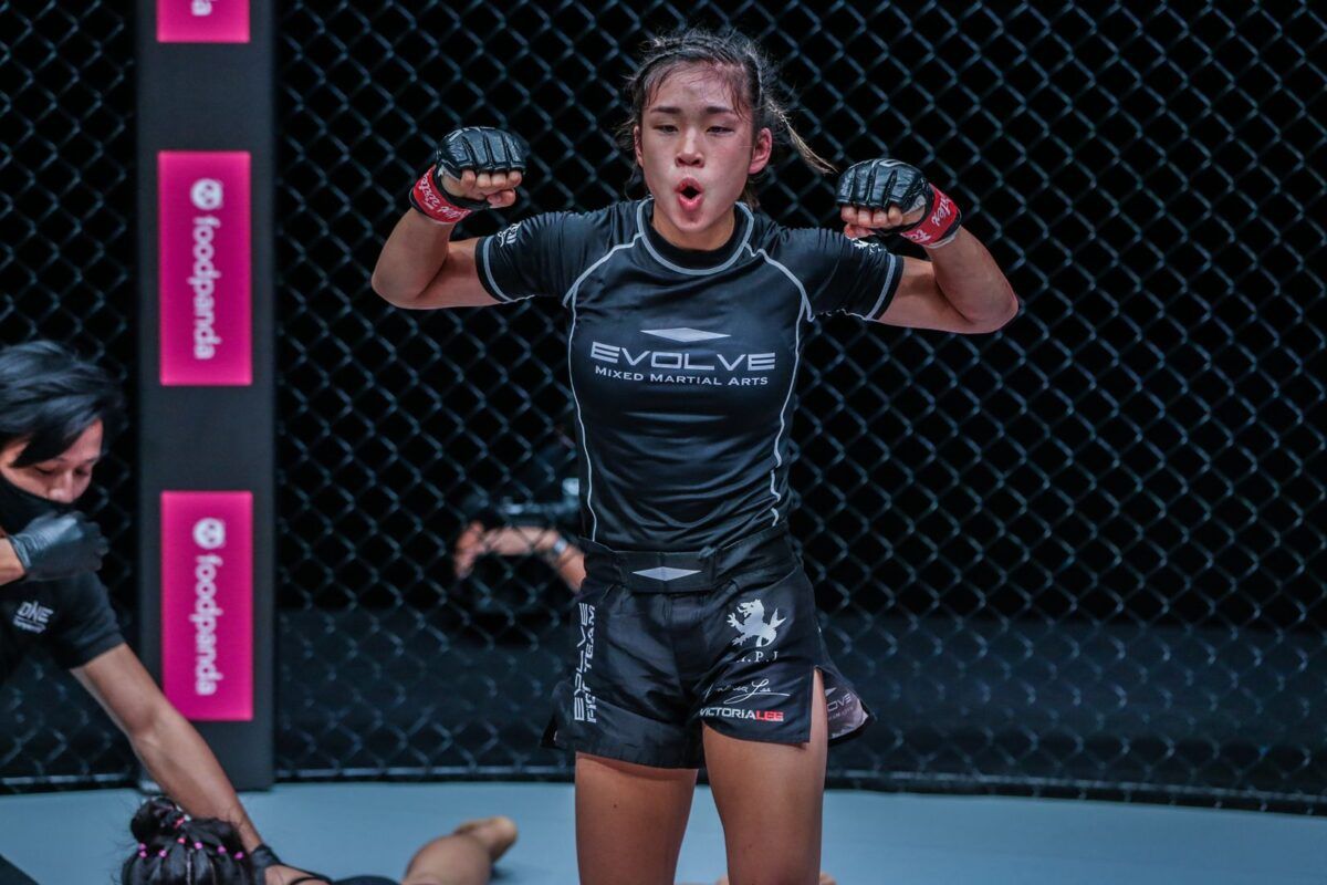 Singaporean-American MMA fighter Victoria Lee celebrates her debut victory