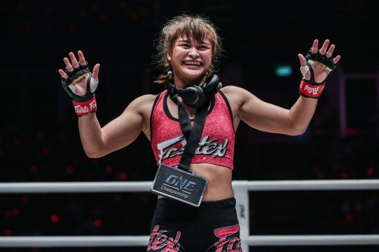 Stamp Fairtex celebrates after her TKO of Puja Tomar at ONE A NEW TOMORROW