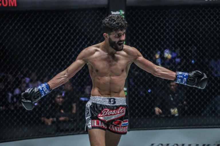 Dutch-Moroccan fighter Ilias Ennahachi celebrates a victory