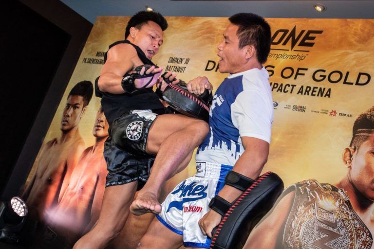 Lerdsila Phuket Top Team prepares for his match with Savva Michael at the ONE: DREAMS OF GOLD open workout in Bangkok, Thailand