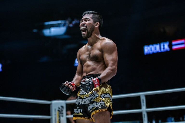 Rodlek PK.Saenchaimuaythaigym celebrates his victory in the ring at ONE: DAWN OF HEROES.