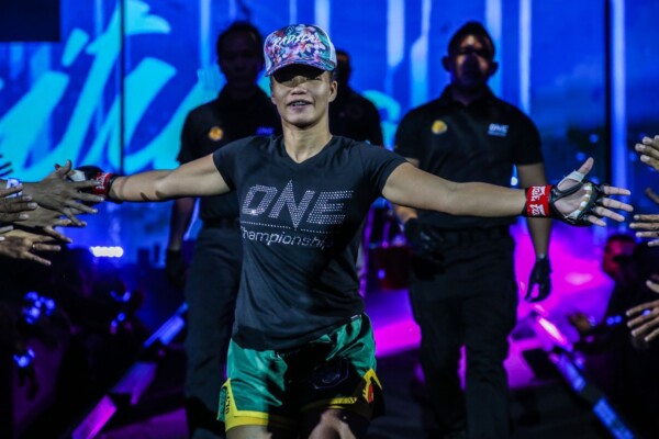 Former ONE Women's Strawweight World Title challenger Samara Santos walks to the ring inside the Mall Of Asia Arena