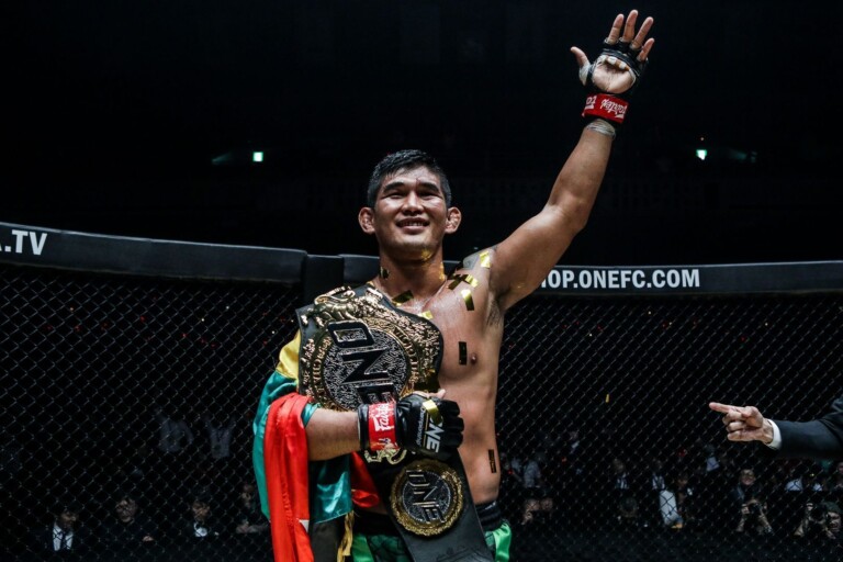 Aung La N Sang celebrates his KO of Brandon Vera at ONE: CENTURY