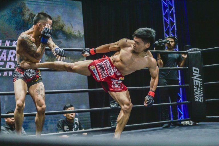 Team Lakay's Lito Adiwang lands a wushu side kick on Anthony Do at ONE Warrior Series 7