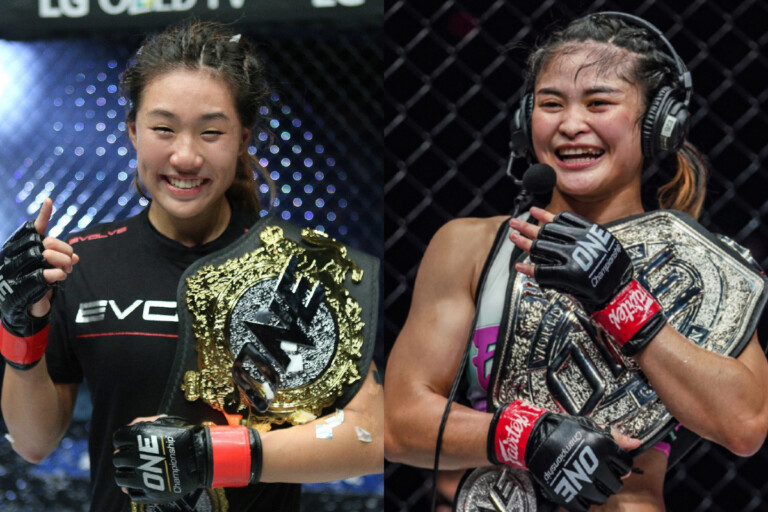 Angle Lee and Stamp Fairtex with their respective belts