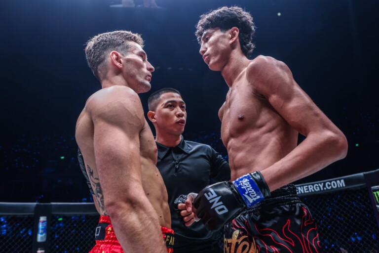 Nico Carrillo and Nabil Anane faceoff before their clash at ONE 170.