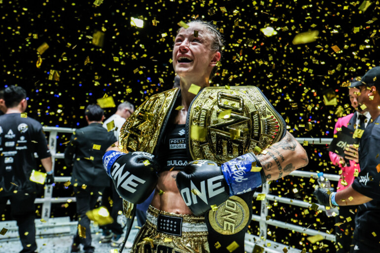 Stella Hemetsberger celebrates her World Title win over Jackie Buntan at ONE Fight Night 40.